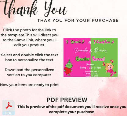 Grinch & Cindy Lou Gender Reveal Invitation | Pink & Green Christmas Reveal | Editable Template