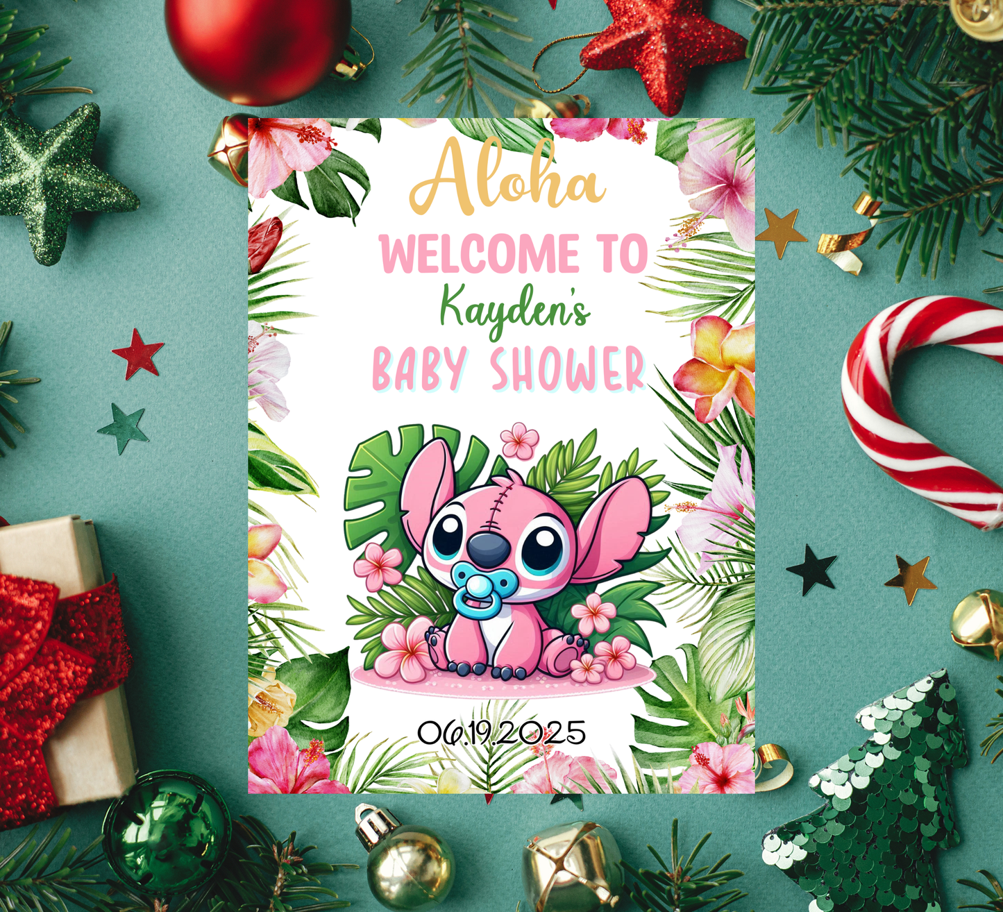 Stitch Pink Aloha Baby Shower Welcome Sign – Editable Canva Template – Tropical Hawaii Baby Shower Decor – Ohana Welcome Poster – Instant Download Printable