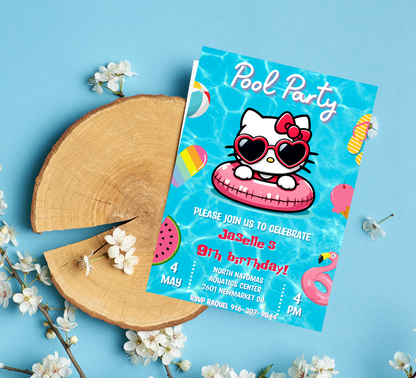 Hello Kitty Blue Pool Party Birthday Invitation | Kawaii Summer Swim Invite | Editable Canva Template | Cute Printable Birthday Invitation