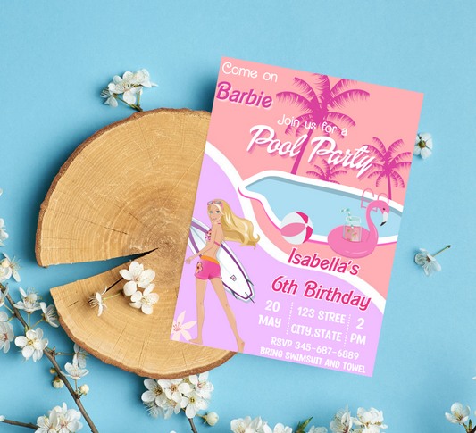 Barbie Pink Pool Surf Birthday Invitation | Malibu Beach Party Invite | Editable Canva Template | Summer Swim Barbie Birthday Invitation