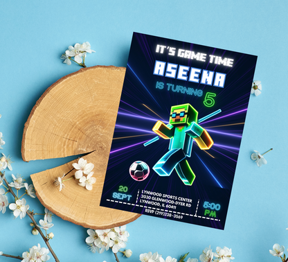Minecraft Neon Football Invite | Boy’s Soccer Birthday Canva Template