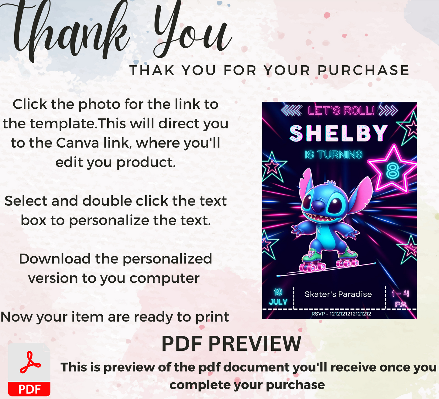 Stitch Neon Roller Skating Birthday Invitation | Editable Canva Template | Kawaii Glow Party Invite | Printable Kids Birthday Invitation