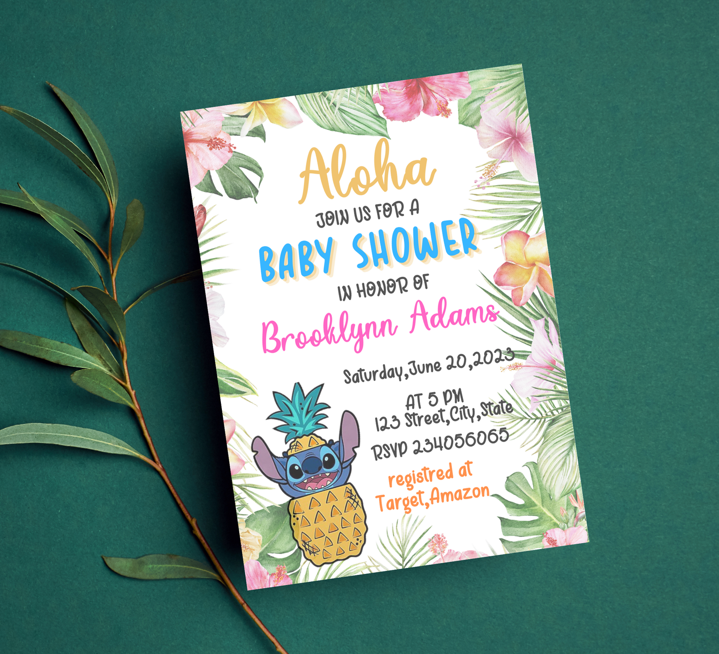Stitch Aloha Baby Shower Invitation | Tropical Hawaii Luau Theme | Editable Canva Template