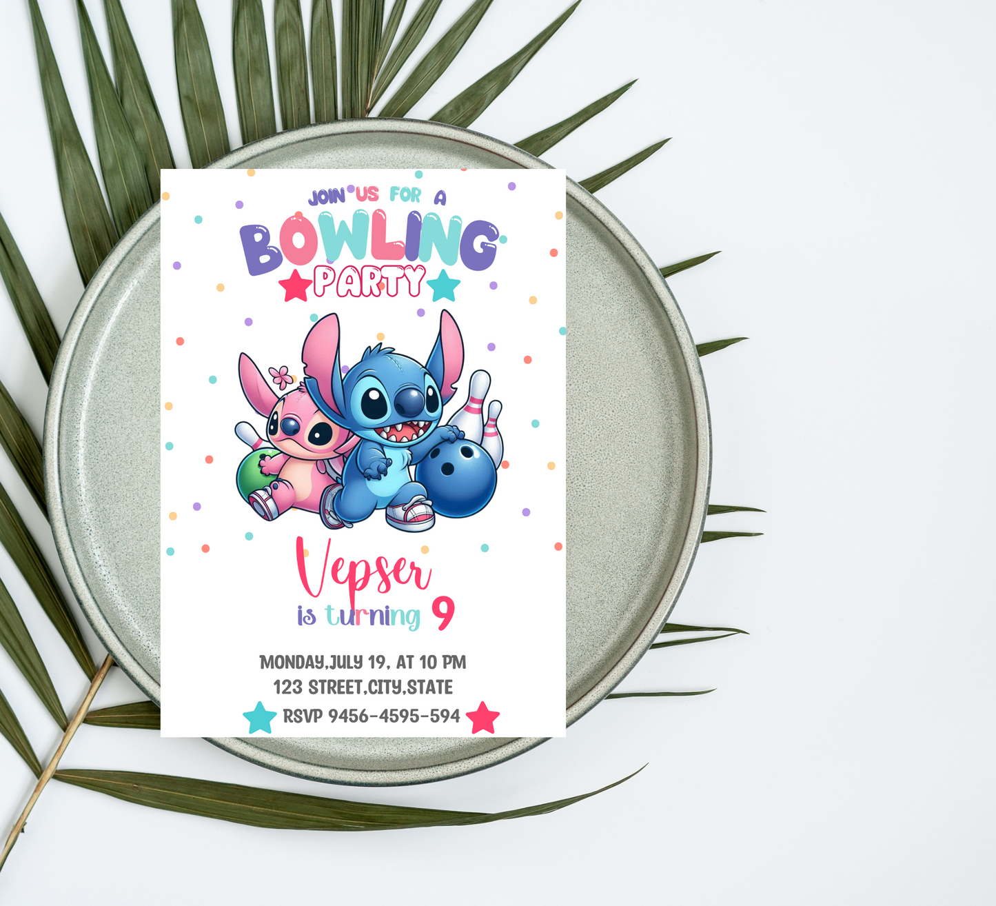 Stitch & Angel Bowling Birthday Invitation | Cute Glow Bowling Party Invite | Editable Canva Template | Kawaii Stitch Birthday Invitation