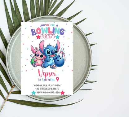 Stitch & Angel Bowling Birthday Invitation | Cute Glow Bowling Party Invite | Editable Canva Template | Kawaii Stitch Birthday Invitation