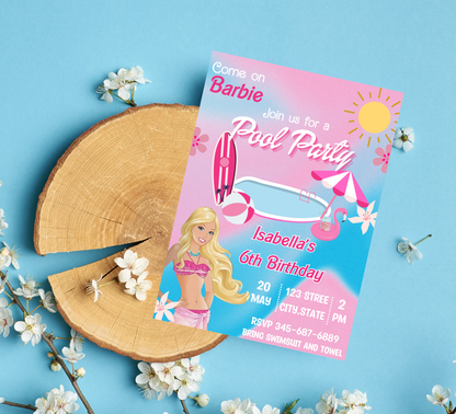 Barbie Pool Pink Birthday Invitation | Glam Summer Party | Editable Digital Invite