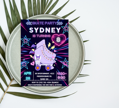 Kawaii Kuromi Neon Roller Skating Birthday Invitation | Glow Party Skate Invite | Editable Canva Template | Cute Sanrio Roller Rink Invitation