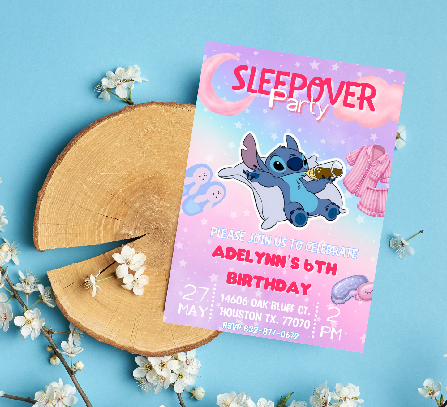 Stitch Sleepover Pajamas Party Birthday Invitation | Kawaii Slumber Party Invite | Editable Canva Template | Cute Printable Kids Birthday
