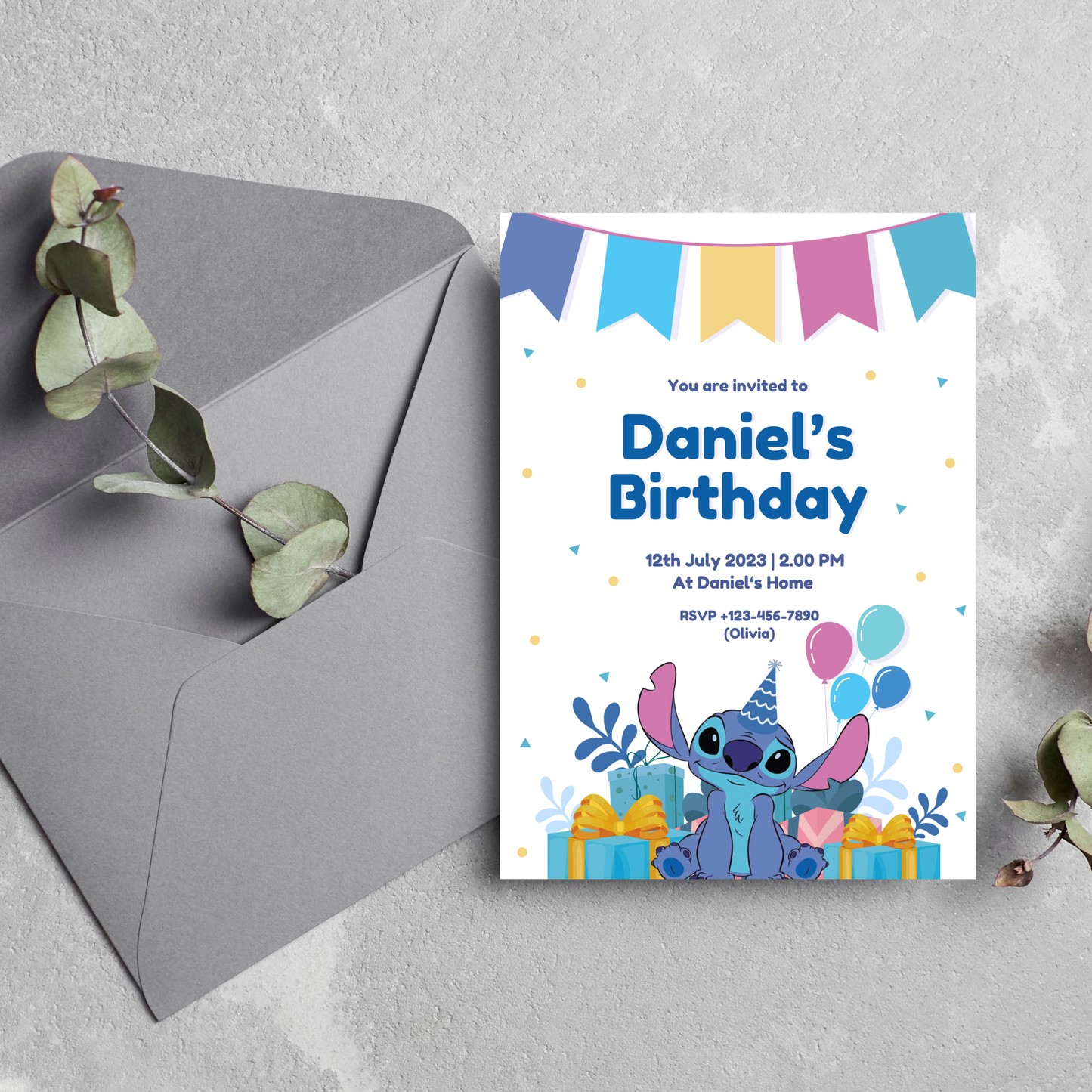 Stitch Blue Birthday Invitation 💙🎉 | Cute Kids Party Invite | Editable Digital Template