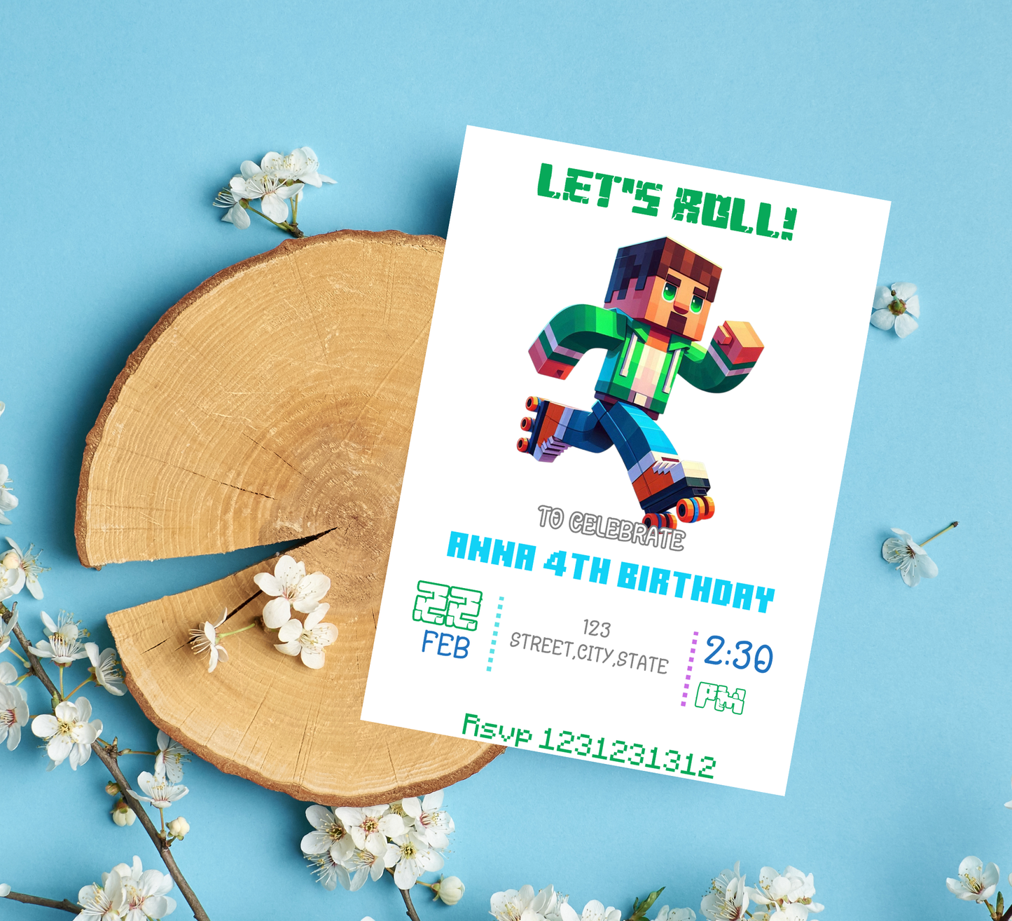 Minecraft Roller Skating Birthday Invitation | Kids Glow Skate Invite | Editable Canva Template