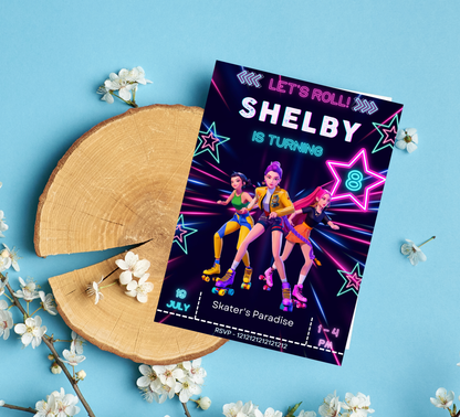 K-Pop Demos Neon Roller Skating Birthday Invitation | Glow Party Skate Invite | Editable Canva Template | K-Pop Birthday Printable