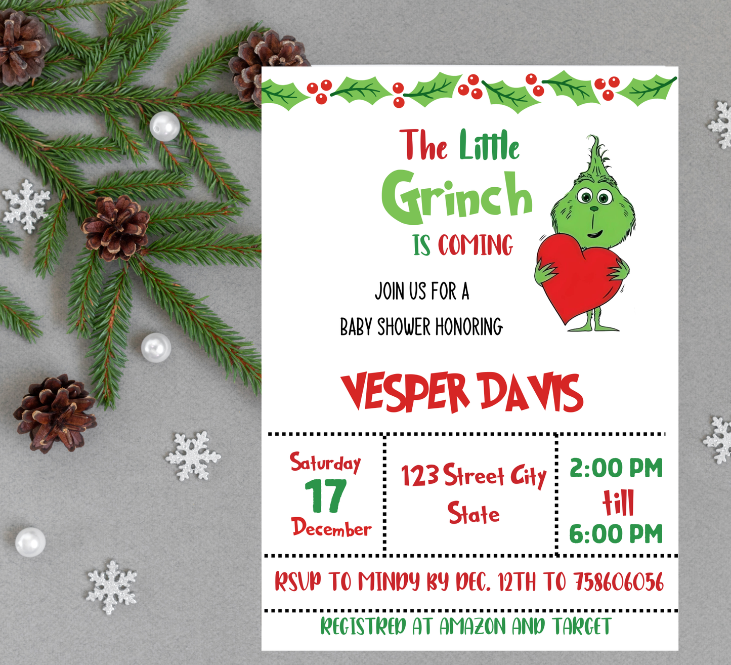 Grinch Baby Shower Winter Christmas Invitation | Holiday Baby Celebration | Editable Template