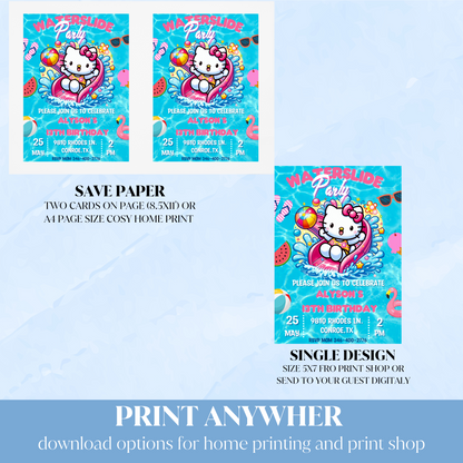 Hello Kitty Pool Waterslide Invitation | Editable Canva Template | Kawaii Summer Slide & Splash Birthday Invite | Printable Girls Party Invitation