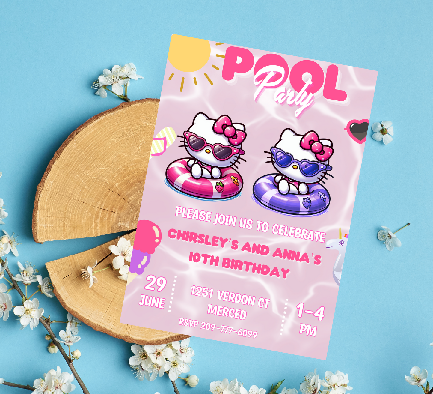 Hello Kitty Pool Birthday Invitation for Two Kids | Editable Canva Template | Kawaii Swim Party Invite | Printable Double Birthday Invitation