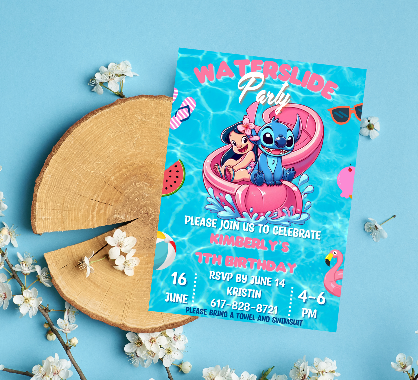 Stitch & Lilo Pink Waterslide Pool Birthday Invitation | Tropical Summer Party Invite | Editable Canva Template | Cute Pool Slide Birthday Printable
