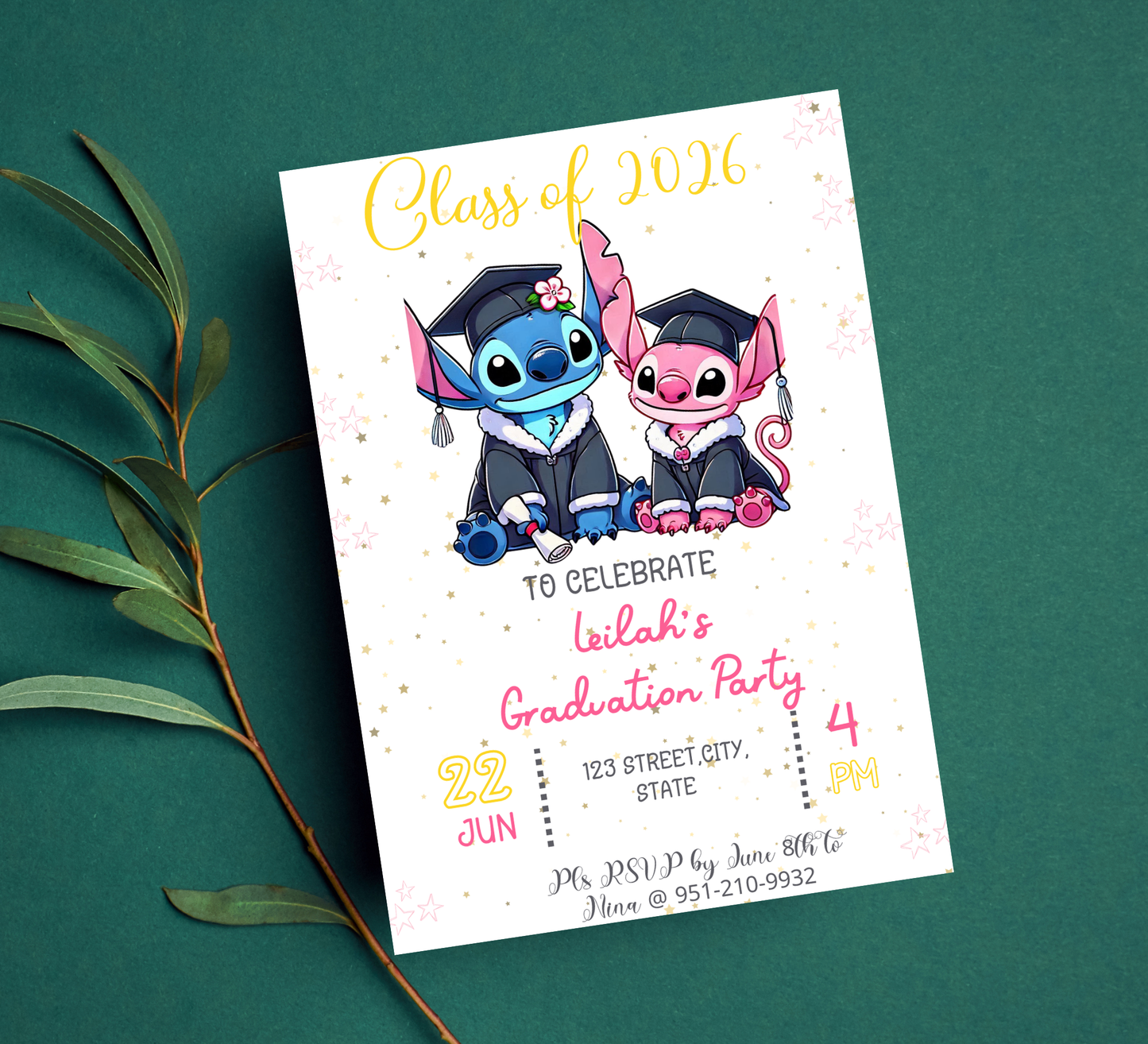 Stitch & Angel Graduation Invitation | Kindergarten & School Moving Up Party | Editable Canva Template | Stitch Graduation Announcement | Pink & Blue School Leavers Invite