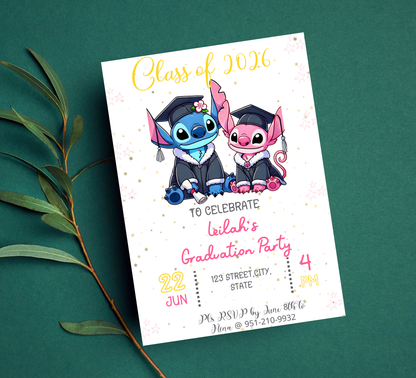 Stitch & Angel Graduation Invitation | Kindergarten & School Moving Up Party | Editable Canva Template | Stitch Graduation Announcement | Pink & Blue School Leavers Invite