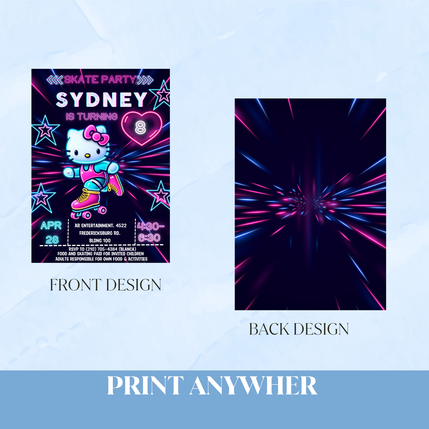 Hello Kitty Neon Roller Skating Birthday Invitation | Fun & Customizable Glow Party Invite