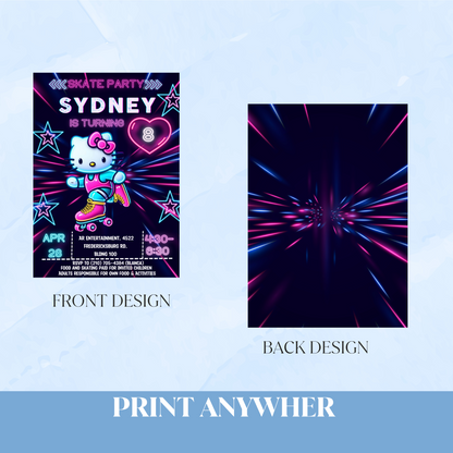 Hello Kitty Neon Roller Skating Birthday Invitation | Fun & Customizable Glow Party Invite