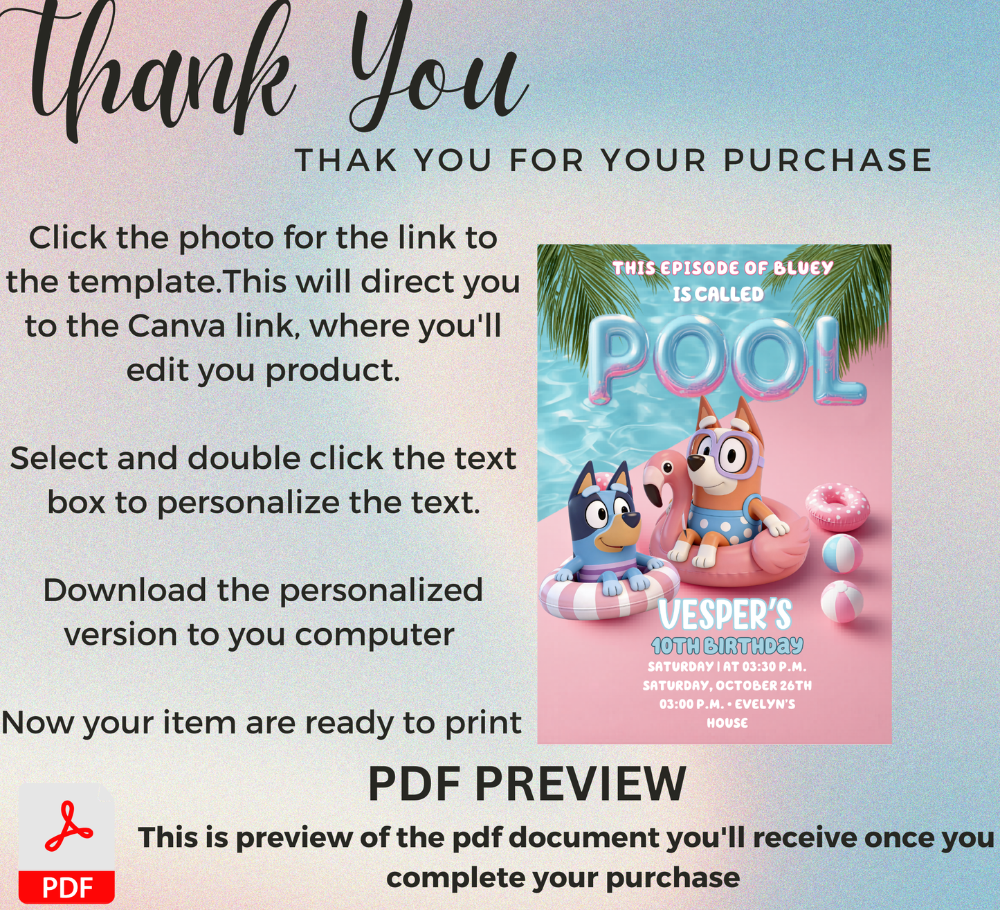 Bluey Pool Birthday Invitation – Editable Canva Template – Bluey & Bingo Swim Party Invite – Kids Summer Splash Birthday Printable – Tropical Heeler Family Pool Bash