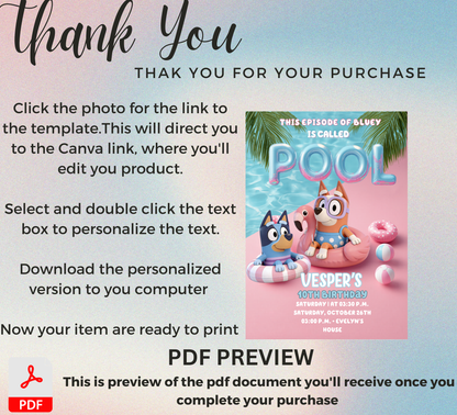 Bluey Pool Birthday Invitation – Editable Canva Template – Bluey & Bingo Swim Party Invite – Kids Summer Splash Birthday Printable – Tropical Heeler Family Pool Bash