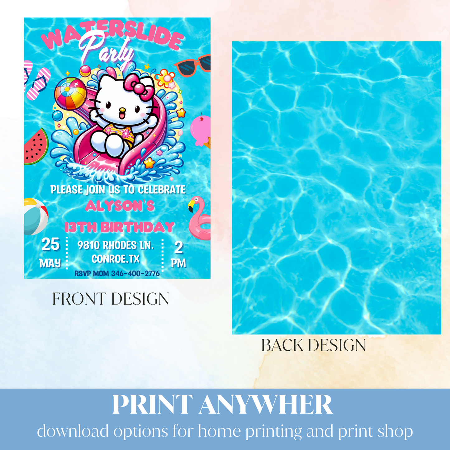 Hello Kitty Pool Waterslide Invitation | Editable Canva Template | Kawaii Summer Slide & Splash Birthday Invite | Printable Girls Party Invitation