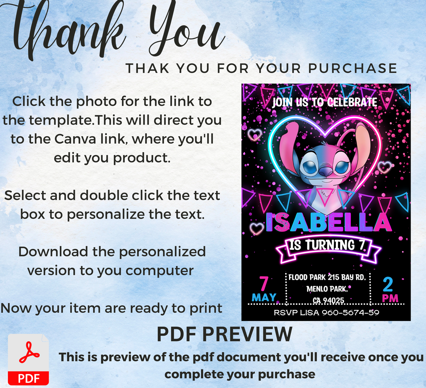Stitch and Angel Neon Glow Birthday Invitation | Editable Canva Template | Kawaii Glow Party Invite | Cute Neon Birthday