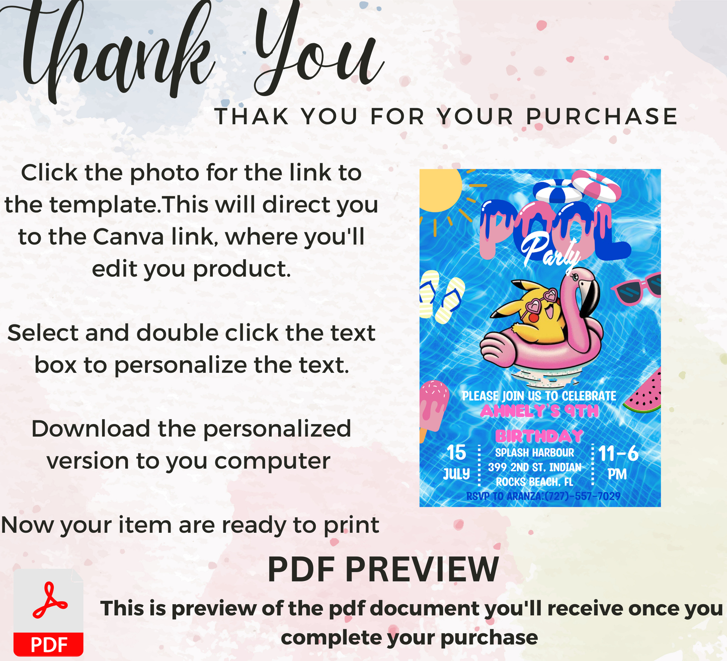 Pikachu Pokémon Pool Birthday Invitation | Summer Splash Party | Editable Digital Template