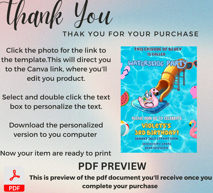 Bluey Waterslide Pool Birthday Invitation | Editable Canva Template | Bluey Swim Party Invite | Printable Kids Summer Birthday