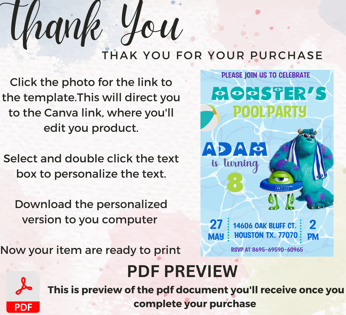 Monsters Inc Pool Birthday Invitation 💦👾 | Sulley Boo Swim Party Invite | Editable Canva Template