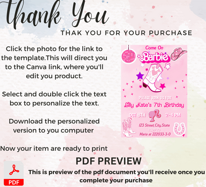 Barbie Cowboy Pink Birthday Invitation | Editable Canva Template | Kawaii Western Party Invite | Printable Girls Birthday Invitation