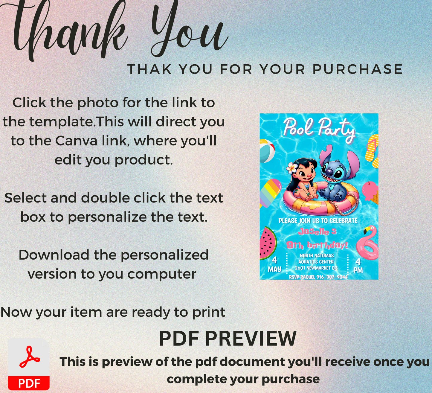 Lilo & Stitch Pool Birthday Invitation | Tropical Swim Party | Editable Canva Template | Hawaiian Beach Birthday Invite | Printable
