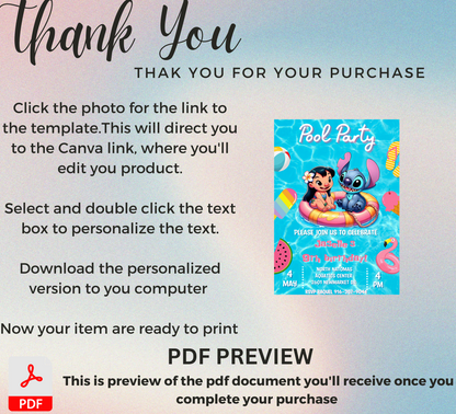 Lilo & Stitch Pool Birthday Invitation | Tropical Swim Party | Editable Canva Template | Hawaiian Beach Birthday Invite | Printable