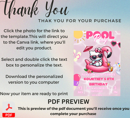 Hello Kitty Pool Flamingo Pink Birthday Invitation | Editable Canva Template | Summer Swim Party Invite | Printable Girls Birthday Invitation