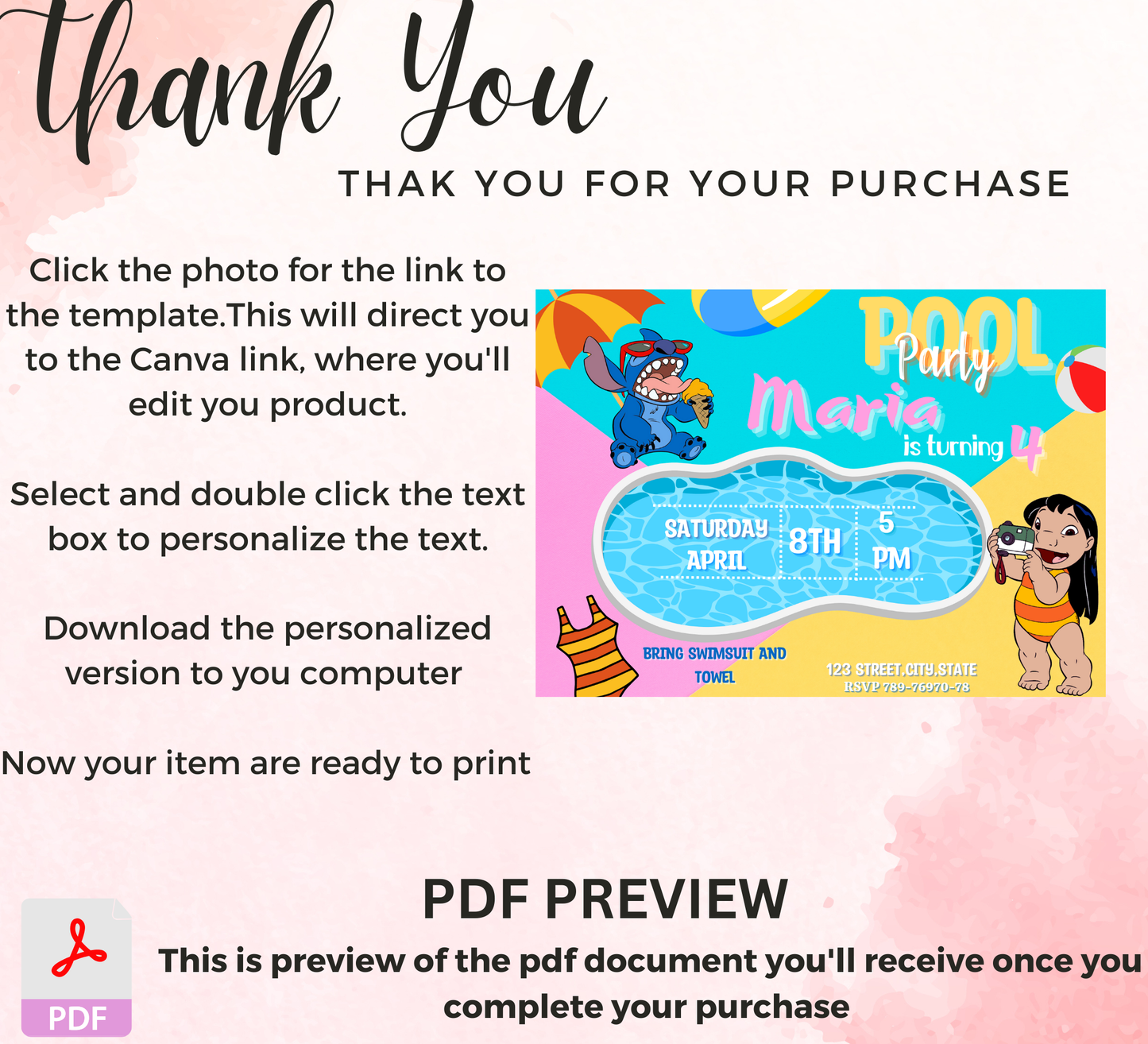 Stitch & Lilo Pool Birthday Invitation | Tropical Summer Party | Editable Digital Invite