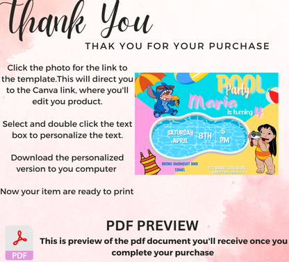 Stitch & Lilo Pool Birthday Invitation | Tropical Summer Party | Editable Digital Invite