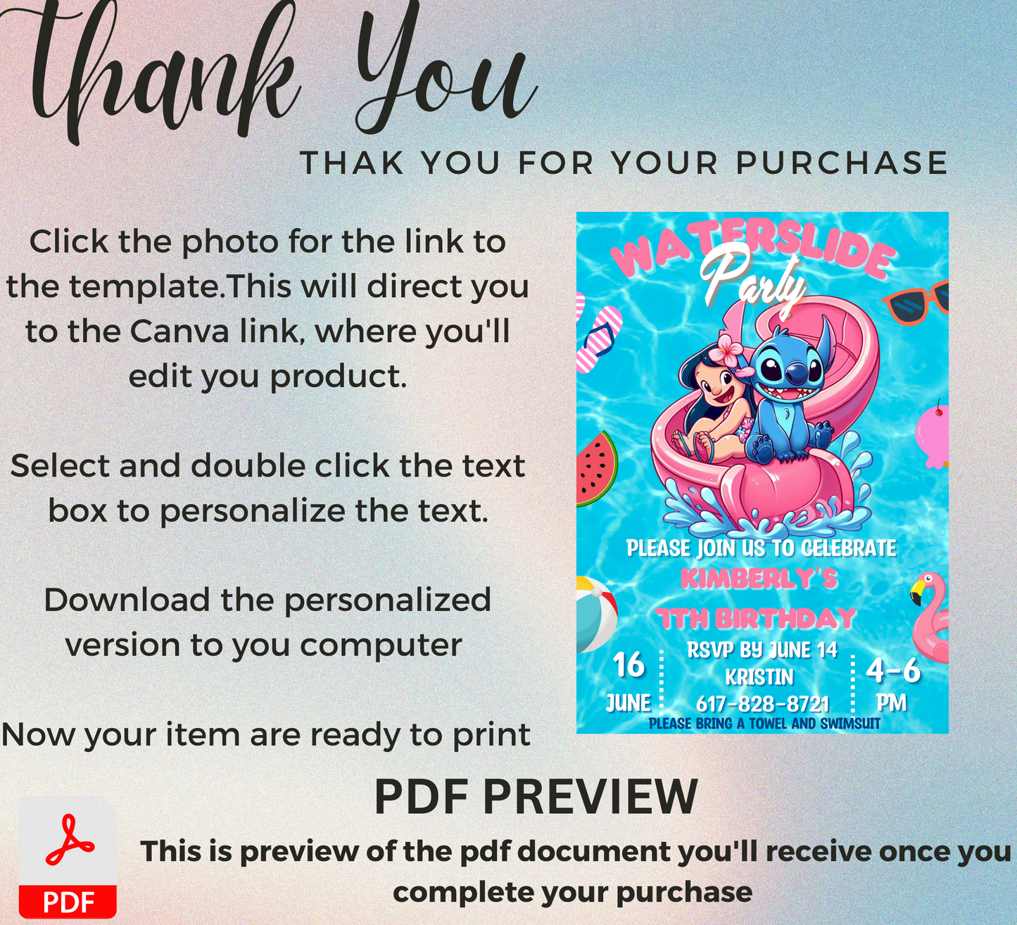 Stitch & Lilo Pink Waterslide Pool Birthday Invitation | Tropical Summer Party Invite | Editable Canva Template | Cute Pool Slide Birthday Printable