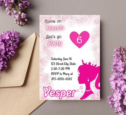 Barbie Pink Glitter Birthday Invitation | Glam Doll Party Invite | Editable Digital Template