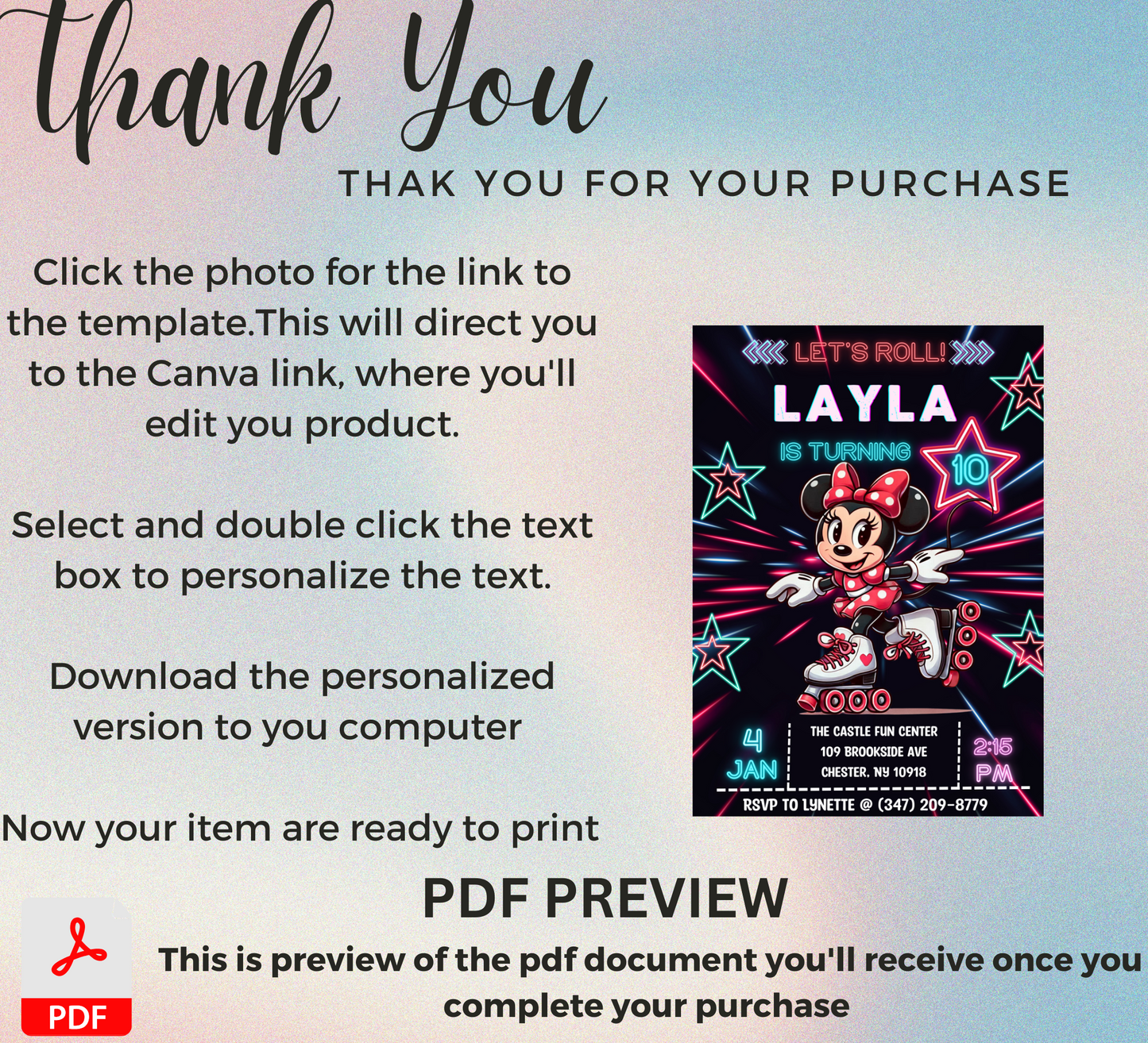 Minnie Mouse Neon Roller Skating Birthday Invitation | Glow Party Skate Invite | Editable Canva Template | Bright & Fun Printable