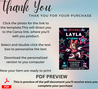 Minnie Mouse Neon Roller Skating Birthday Invitation | Glow Party Skate Invite | Editable Canva Template | Bright & Fun Printable
