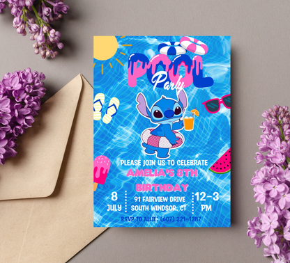 Stitch Pool Blue Birthday Invitation | Tropical Summer Pool Party | Editable Digital Invite