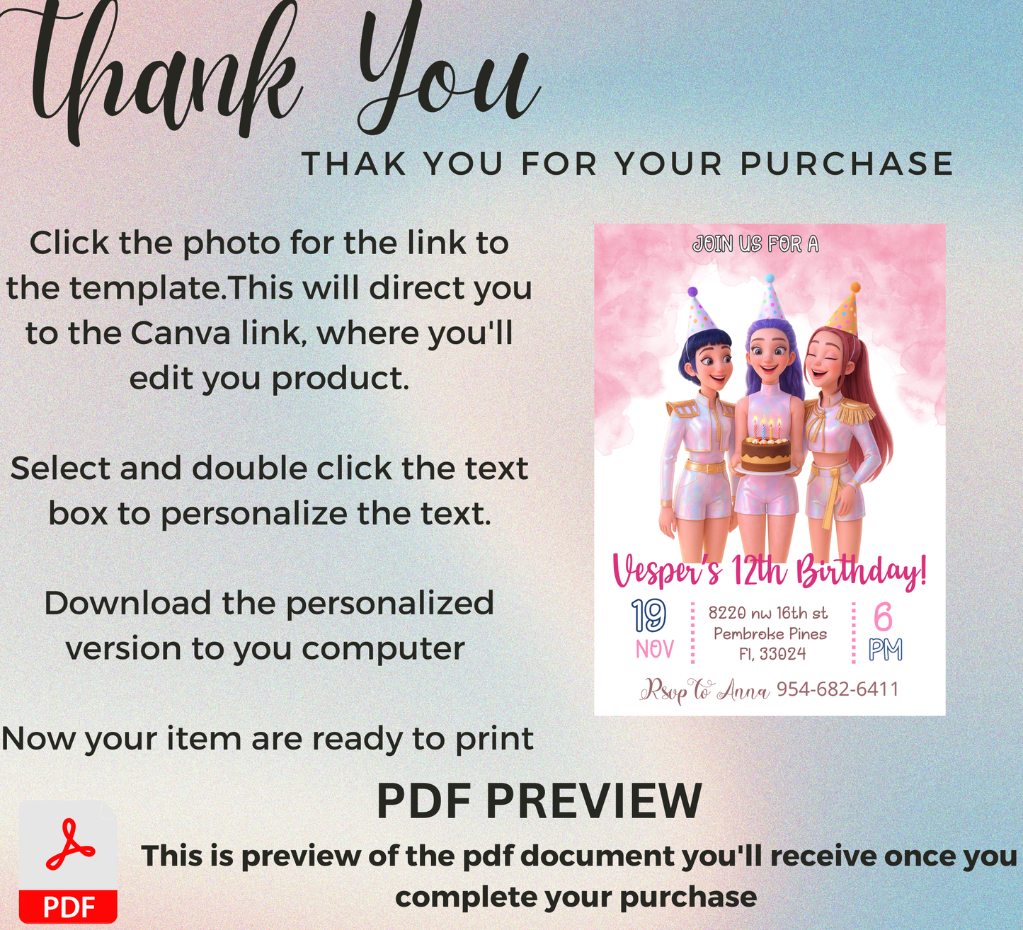 K-Pop Demon Hunters Birthday Invitation | Rumi Mira Zoye Anime Invite | Editable Canva Template | Kawaii Cyber Pop Party