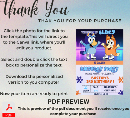 Bluey Ice Skating Winter Birthday Invitation | Editable Canva Template | Frozen Snow Birthday Party Invite | Printable Kids Winter Invitation