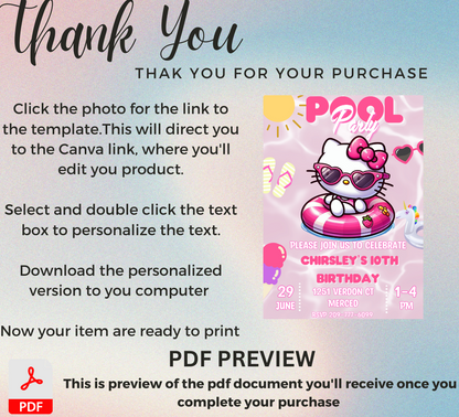 Hello Kitty Pink Pool Party Invitation | Self-Editable in Canva | Kawaii Summer Swim Birthday Invitation | Printable Template |