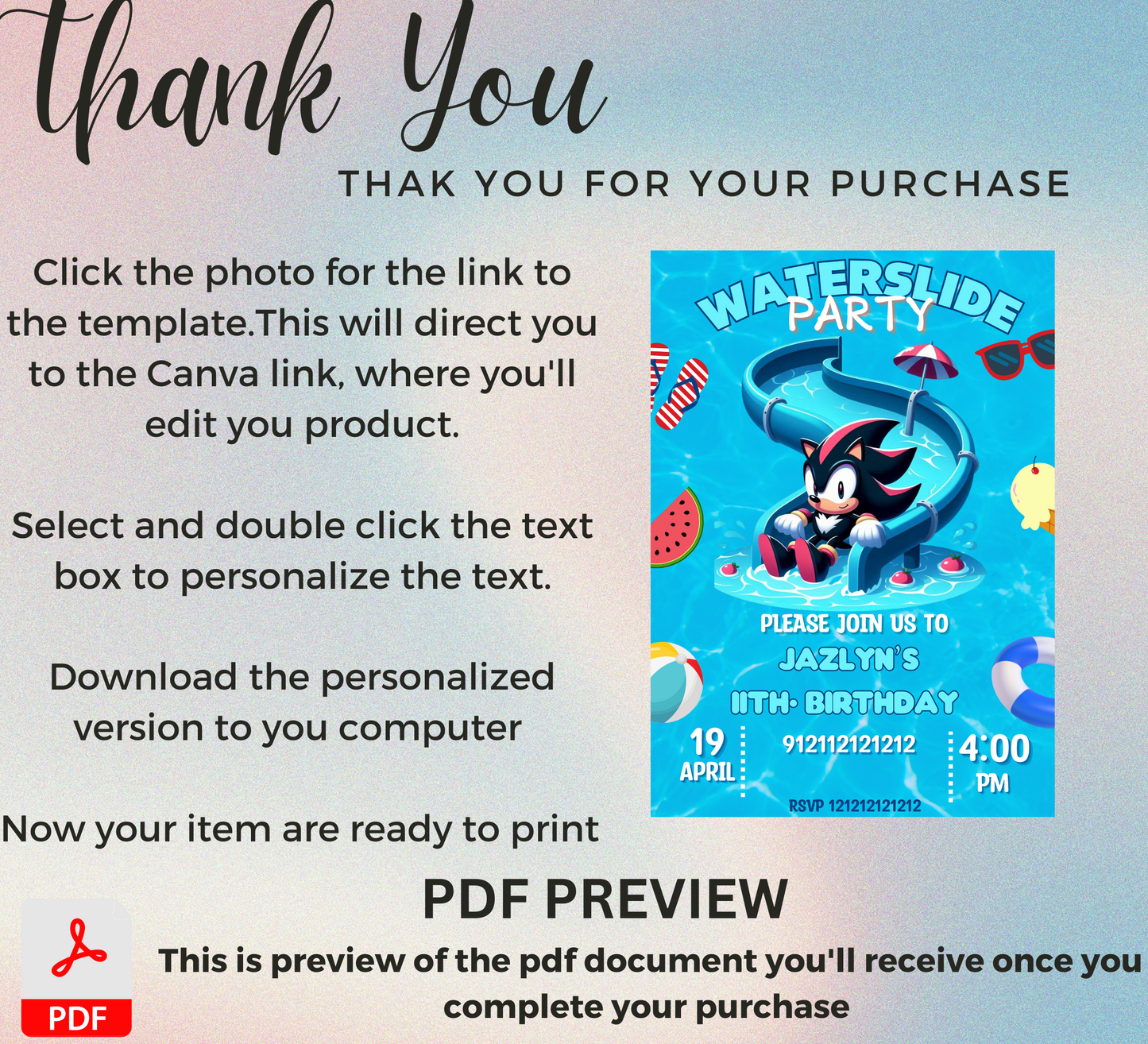 Shadow & Sonic Waterslide Pool Birthday Invitation | Neon Summer Party Invite | Editable Canva Template | Sonic Pool Birthday Printable