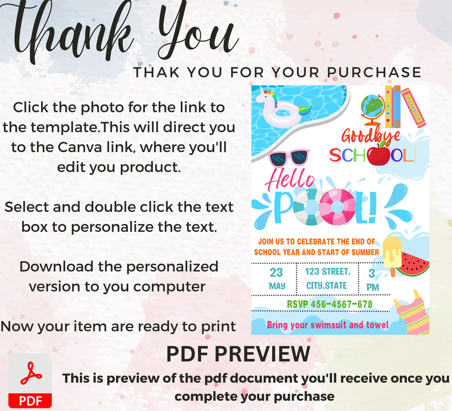 Goodbye Kindergarten Hello Summer Pool Party Invitation | Editable Canva Template