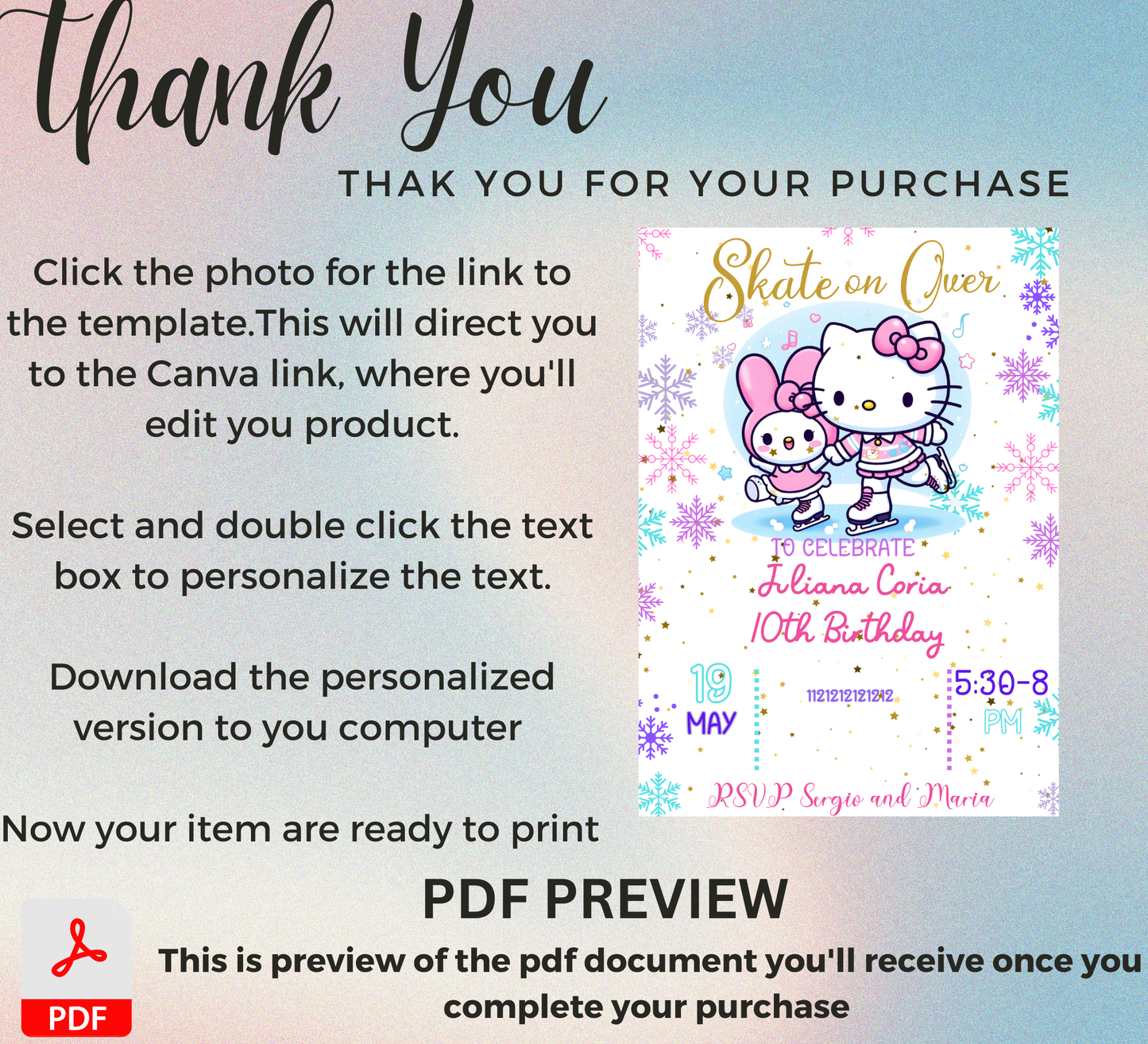 Hello Kitty & My Melody Ice Skating Winter Birthday Invitation | Cute Snow Party | Editable Template