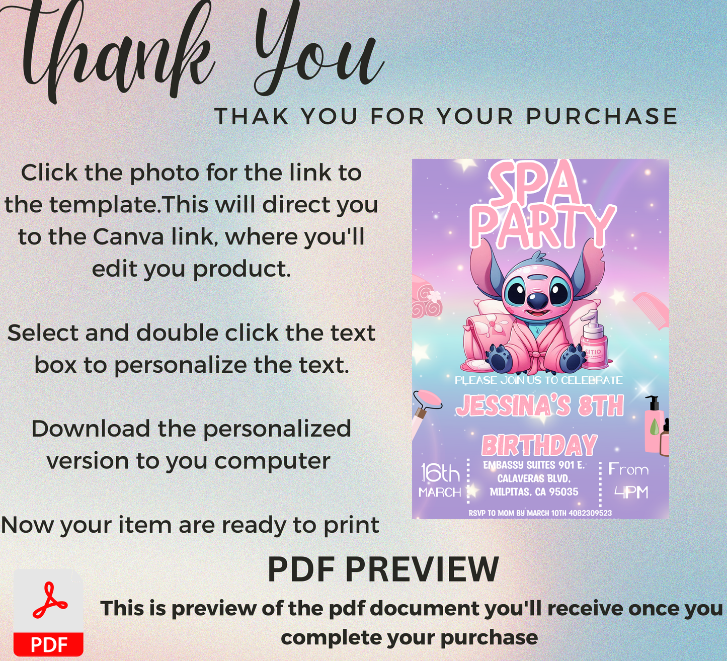 Stitch Sleepover Birthday Invitation – Pink & Purple Spa & Pajamas Party – Editable Canva Template – Kawaii Slumber Party Invite – Cute Tropical Pajama Bash – Instant Download