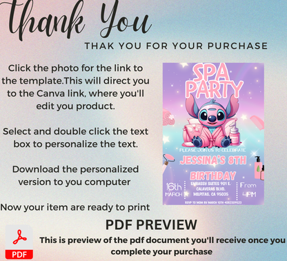 Stitch Sleepover Birthday Invitation – Pink & Purple Spa & Pajamas Party – Editable Canva Template – Kawaii Slumber Party Invite – Cute Tropical Pajama Bash – Instant Download