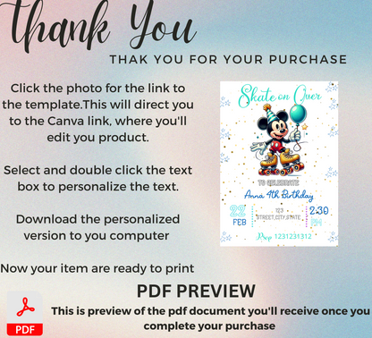 Mickey Mouse Roller Skating Birthday Invitation | Retro Skating Party | Editable Canva Template | Printable Kids Birthday Invite